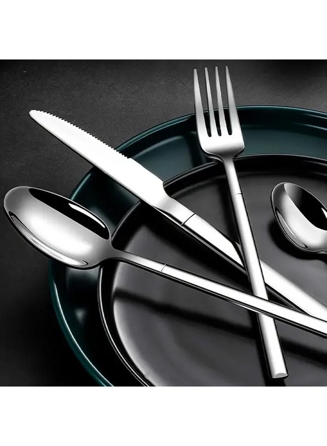 32 قطعة من مجموعة أدوات المائدة الفولاذية المقاومة للصدأ ذات اللمعة المرآتية مع صندوق هدايا فضي - Image 5